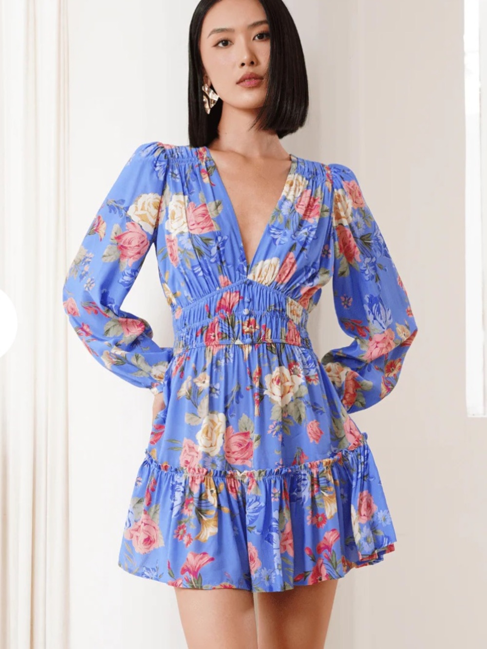 Yumi Kim Blue Floral V-Neck Tiered Mini Dress with Pink & Cream Blooms